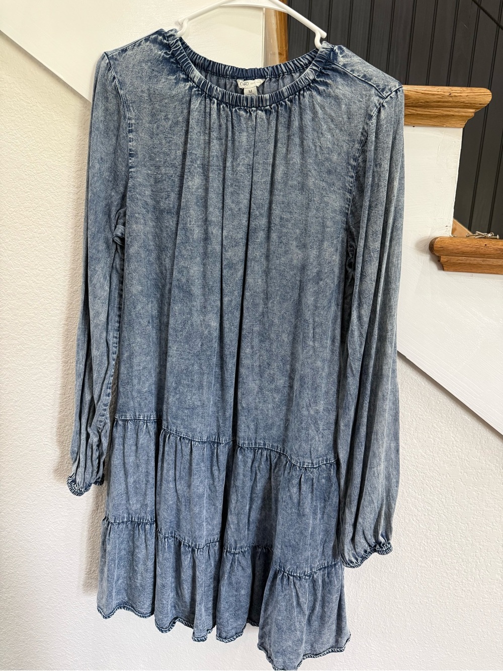 Washed Blue Denim-Look Tiered Long Sleeve Dress